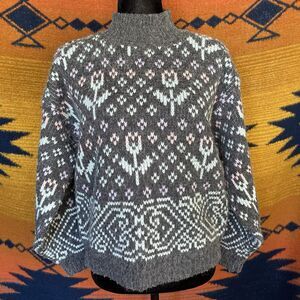 Vintage Paris Sports Club Knit Mock Neck Nordic Fair Isle Style Sweater. Large.